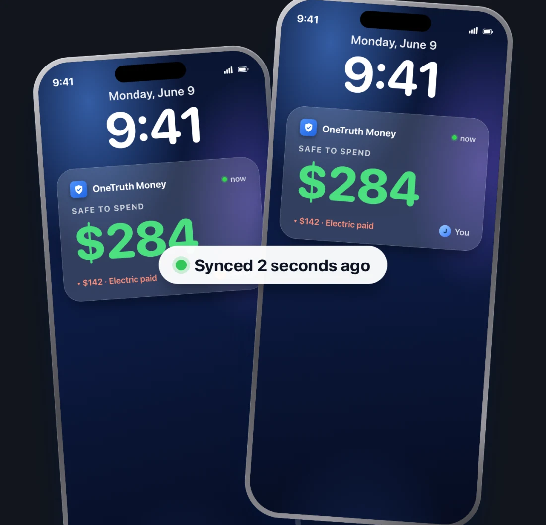 Two iPhone lock screens side by side, both showing the same Safe to Spend of $284 with a 'Synced 2 seconds ago' indicator.